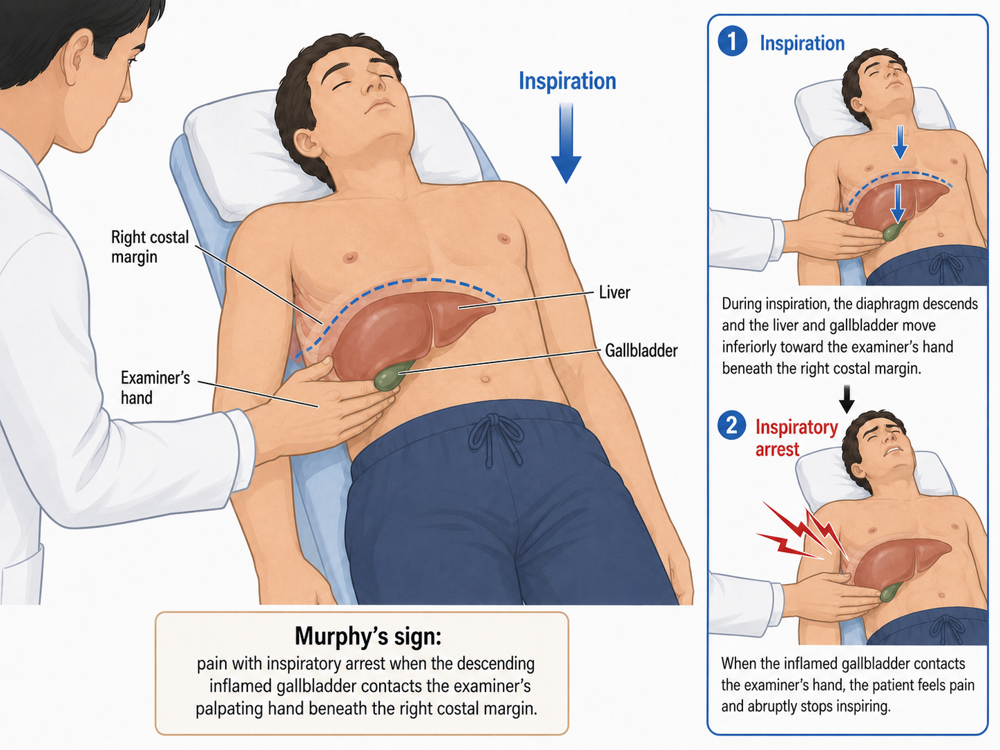 Clinical illustration of the examination technique for Murphy's sign, showing palpation under the right costal margin during inspiration.
