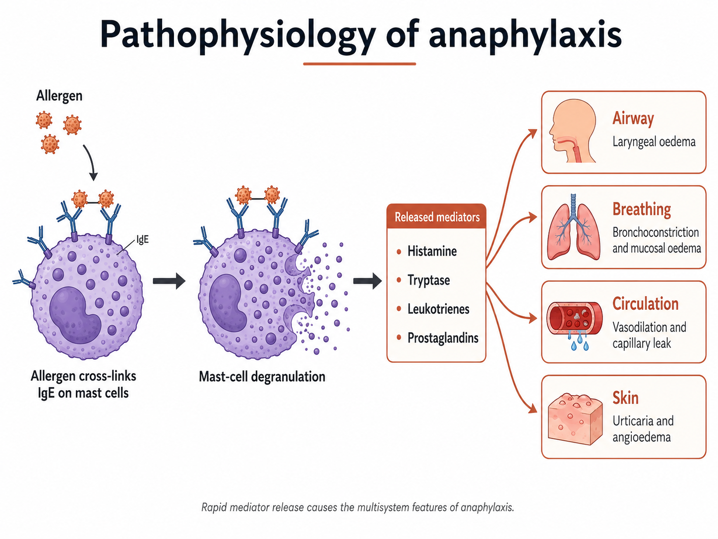 A diagram of mast-cell activation and mediator release causing airway oedema, bronchospasm, vasodilatation, capillary leak, urticaria and angioedema. The alpha-1, beta-1 and beta-2 actions of adrenaline are shown at each site.